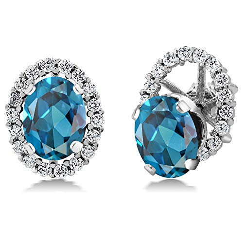 Gem Stone King 3.12 Ct Oval London Blue Topaz 925 Sterling Silver Stud Earrings with Removable Jackets