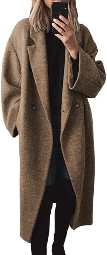 chouyatou Women's Double Breasted Wool Long Trench Coat