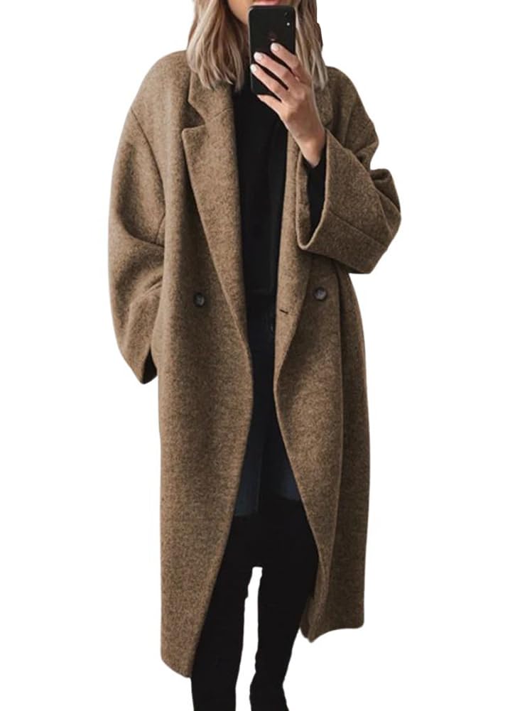 chouyatou Womens Winter Double Breasted Wool Coat Long Sleeve Notch Lapel Long Trench Coat