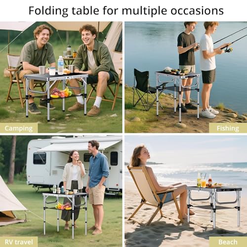 Anbte 2ft Folding Camping Table with Storage Net, 3 Adjustable Heights Small Folding Table Portable & Lightweight with Carry Handle, for Camping Fishing Picnic Beach Outdoor, 22.8\"x 15.7\", Silver