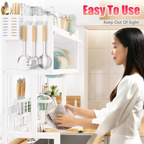Image of HomeCloud Over-The-Sink Dish Drying Rack with Dustproof Flip Cover Door | Multifunctional Adjustable Metal Kitchen Countertop Organizer (White, 85x80x29Cm)