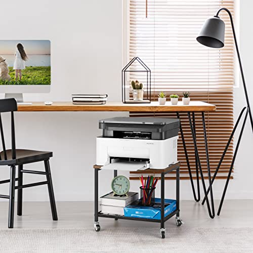Bty Under Desk Printer Stand, 2 Tier Printer Cart Rack With Storage Shelf, Lockable Wheels, Metal Frame, Industrial Rolling Printer Table Stand For Office, Home, Scanner, Printer-Walnut Color #TOP6
