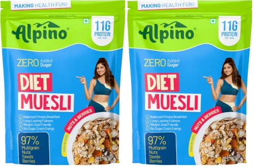 Image of Alpino Diet Muesli Zero Added Sugar -11g Protein per 100g, High Fibre Multigrain Breakfast Cereal with Nuts, Seeds & Berries | Healthy Weight Management Breakfast | 750g (Pack of 2)
