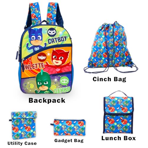 Disney PJ Masks School Backpack with Lunch Box for Kids - 5 Pc Bundle with 16" Backpack, Cinch Bag, Lunch Bag, Pencil Holder, Stickers, More | PJ Masks School Bag Set4