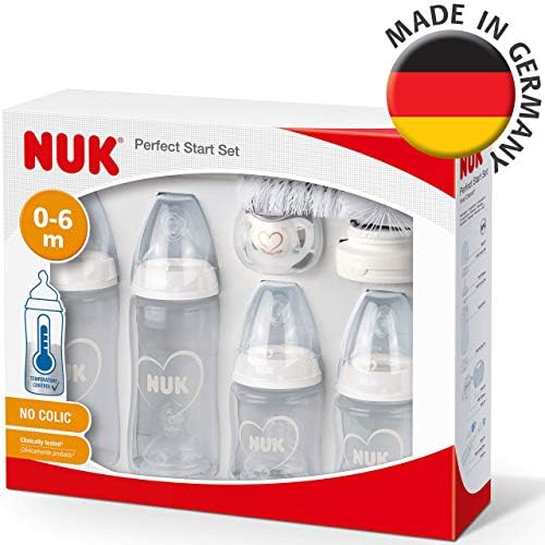 NUK Perfect Start First Choice+ Baby Bottles Set | 0-6 Months | 4 x Temperature Control Bottles, Dummy, Bottle Brush & More | Anti-Colic | BPA-Free | Hearts (White) | 10 Count