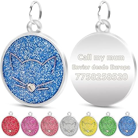 FUSIYU Katzenmarke mit Gravur, Katzenmarke Personalisiert, Graviert Katzenmarke, 25 x 25 mm Personalisierte Katzenmedaille mit Lasergravur, Zinklegierung, Runde, Blau Cover