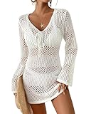 Bsubseach Women Swimsuit Crochet Coverup Long Sleeve V Neck Beach Knit Bathing Suits Cover Ups Mesh Bikini Hollow Out Dress White S