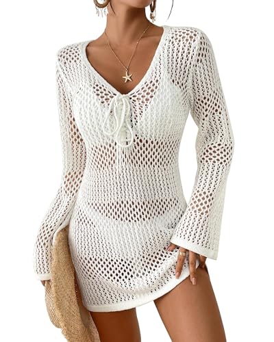 Image of Bsubseach Women Swimsuit Crochet Coverup Long Sleeve V Neck Beach Dress