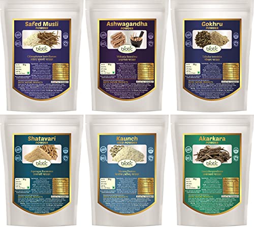 Biotic Safed Musli, Ashwagandha, Shatavari, Kaunch, Gokhru, Akarkara Powder - 300gms (50gms each)