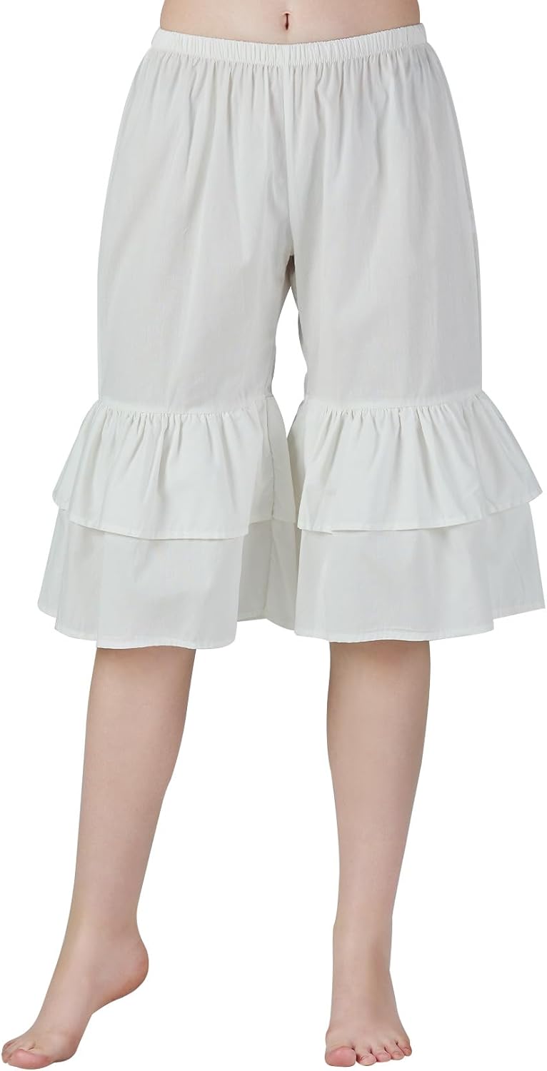BEAUTELICATE Women Bloomers Ivory Cream 100% Cotton 2 Layer Ruffled Flounced Pants Pettipants