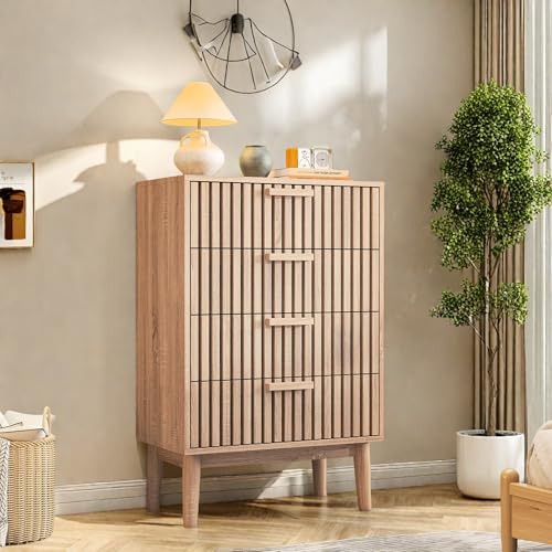 Dormely Commode 4 tiroirs, Meuble de Rangement avec antichute,Chiffonnier Bois Colonne avec Poignées et Pieds, Tiroir pour Chambre, Salon, Bureau, 60x34x91cm