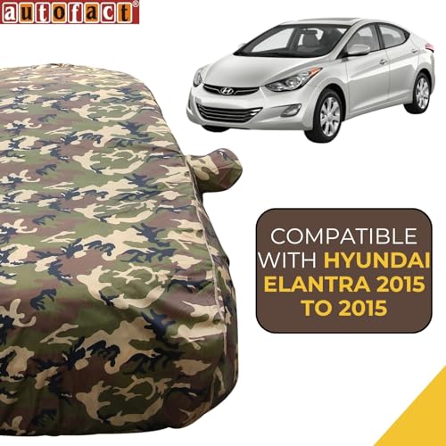 Image of Autofact 100% Waterproof Car Body Cover Compatible with Hyundai Elantra (2012 to 2015), with Mirror Pockets, 4 x 4 American Matty, Long Lasting Strong Durable Material, Camouflage Army Look