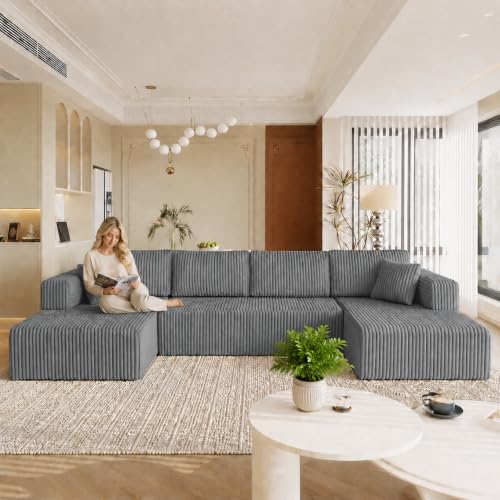 Image of KCGKCG 132 inch U Shaped Corduroy Cloud Couch - No Assembly Required, Dark Gray