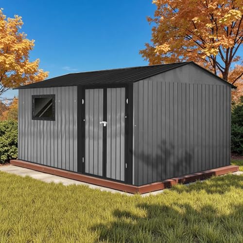 12' x 10' XL Outdoor Storage Shed, Sturdy Metal Building w/Floor Frame and Operable Window for Garden, Backyard, Poolside and Lawn, Grey