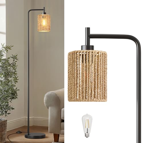 Oneach 66 Black Floor Lamp for Living Room Boho Floor Lamp with LED Bulb Rattan Shade Foot Switch Industrial Tall Standing Lamp for Bedroom Dining Room Study Room Office