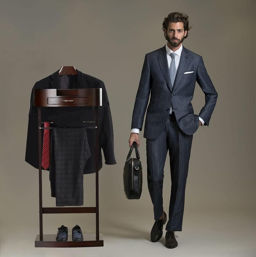 Wardrobe Valet Solid Wood Suit Valet Stand, Freestanding Clothes Clothes Valet with Drawer Shelf,Valet Stand Suits Stand with Non-Slip Rubber Sleeve for Crease-Free Suit Coat Stand
