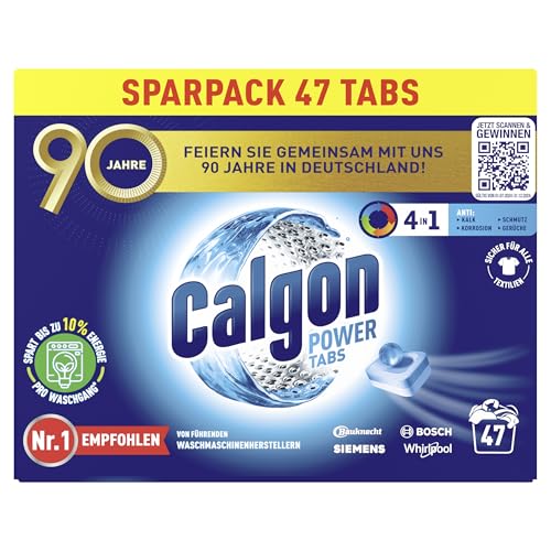 Calgon 4-in-1 Power Tabs – Wasserenthärter gegen Kalkablagerungen, Schmutz und Korrosion in der Waschmaschine – Beugt unangenehmen Gerüchen vor – 1 x 47 Tabs