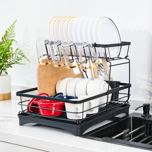 Hawthyhome 2 Tier Dish Drainer Rack with Drip Tray, Space-Saving Dish Rack for Kitchen Counter, Detachable Large Dish drying Rack with Swivel Drainage Spout,Black