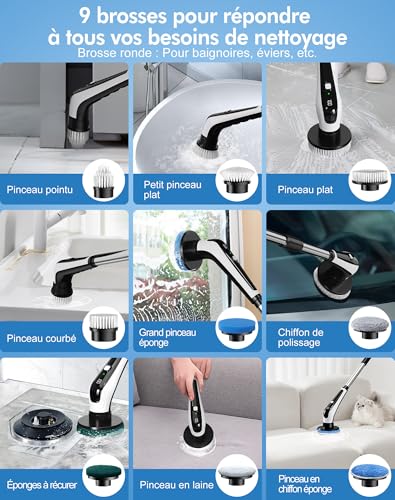 Brosse nettoyage electrique avec 9 têtes et manche extensible pour maison - 7