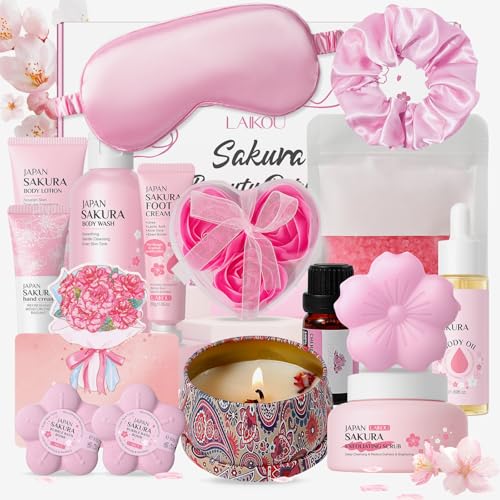 LAIKOU Sakura Bath Gift Set, 16 Pcs Luxury Unique Self Care Package, Mothers Day Christmas Birthday Body Gifts for Her Friend Sister Mum Wife, Hydrating, Floral Scented, Pamper Gift Set for Women