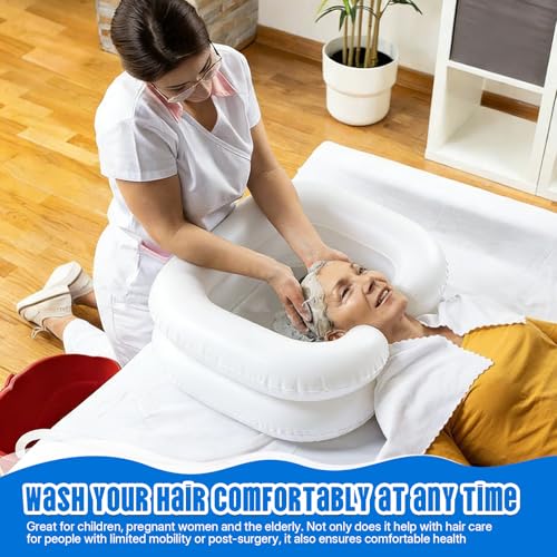 Hair Wash Basin for Bedridden, Inflatable Hair Wash Basin with Movable Pillow with Air Pump, Massage Comb, Drain Hose for Elderly Disabled Pregnant Women — view 4