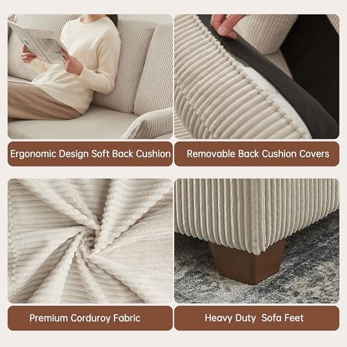 Image of Convertible Sectional Sofa with Storage Ottomans & Coffee Table, Modern Corduroy, U-Shaped Couch with Double Chaise & Storage Long Bench, 4 Seater Sofa Set Couches for Living Room, Beige