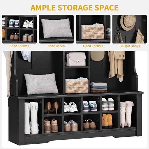 DWVO 59" Wide Hall Tree with Bench and Storage for Hallway Entryway, 10 Shoe Cubbies & 10 Coat Hooks, 4-Tier of Center Storage Open Cabinets, Coat Rack with Space for Bedchamber Living Room (Black)
