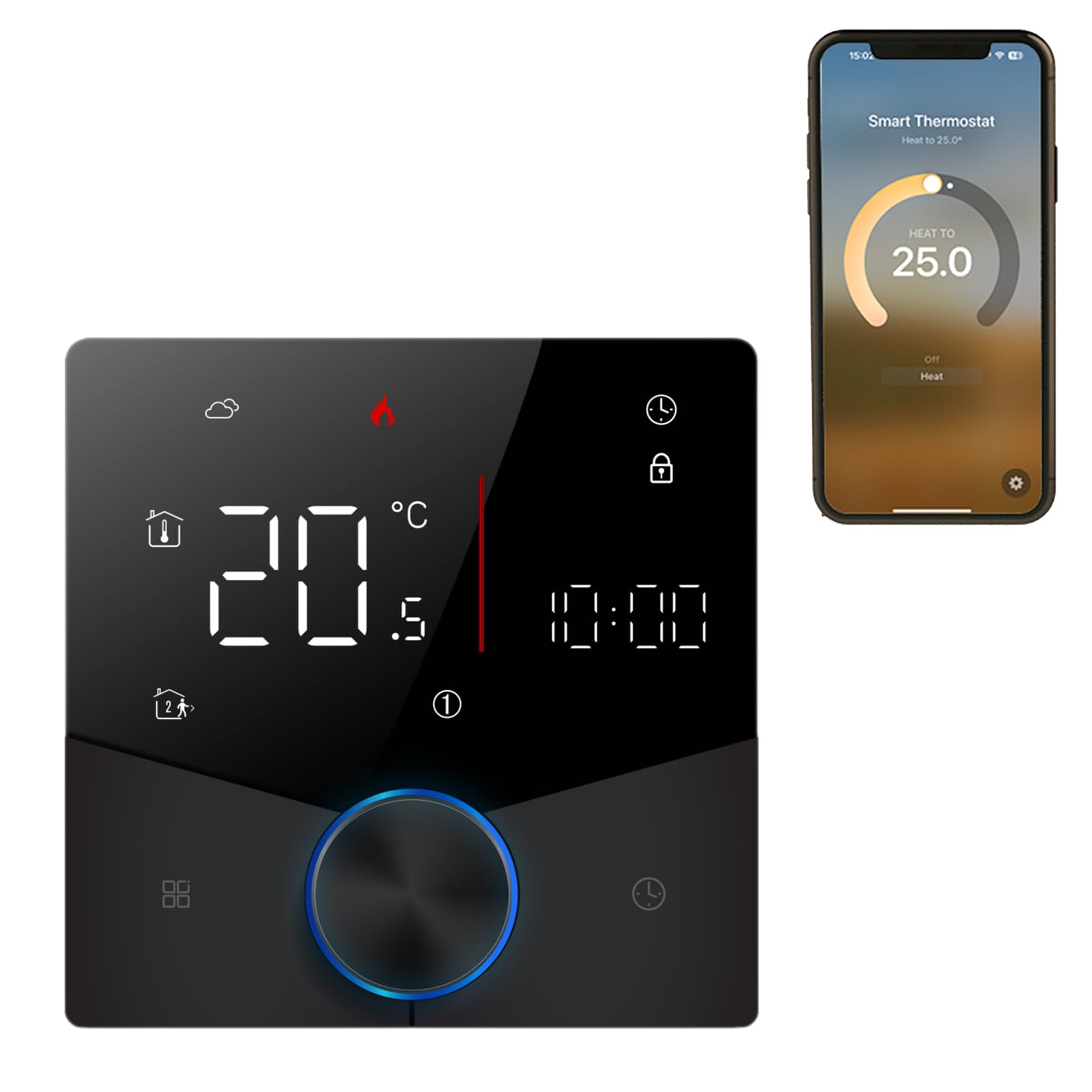 Termostato wireless Matter per riscaldamento elettrico a pavimento con controllo APP e assistente vocale Schermo touch digitale a LED colorato Manopola regolabile Controllo preciso della temper