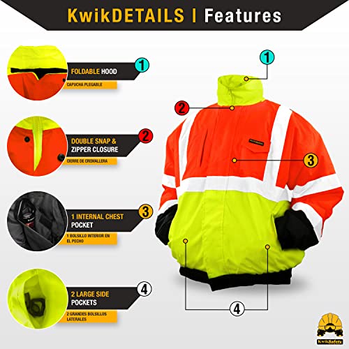 Kwiksafety - Charlotte, Nc - Dispatcher Bomber Safety Jacket - Foldable Hood - Class 3 Hi Viz Ansi Osha Reflective Work Gear/Orange Yellow Medium #TOP3