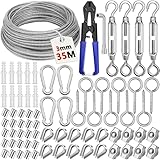 NCKIHRKK 74Pcs Kit de Cables de Acero, 35m Cable de Acero Inoxidable Φ3mm, con Tensores y Alambr Cable Acero Plastificado, Tensor de Cuerda para Cuerda Tendedero, Toldos, Cortina, Soporte Planta