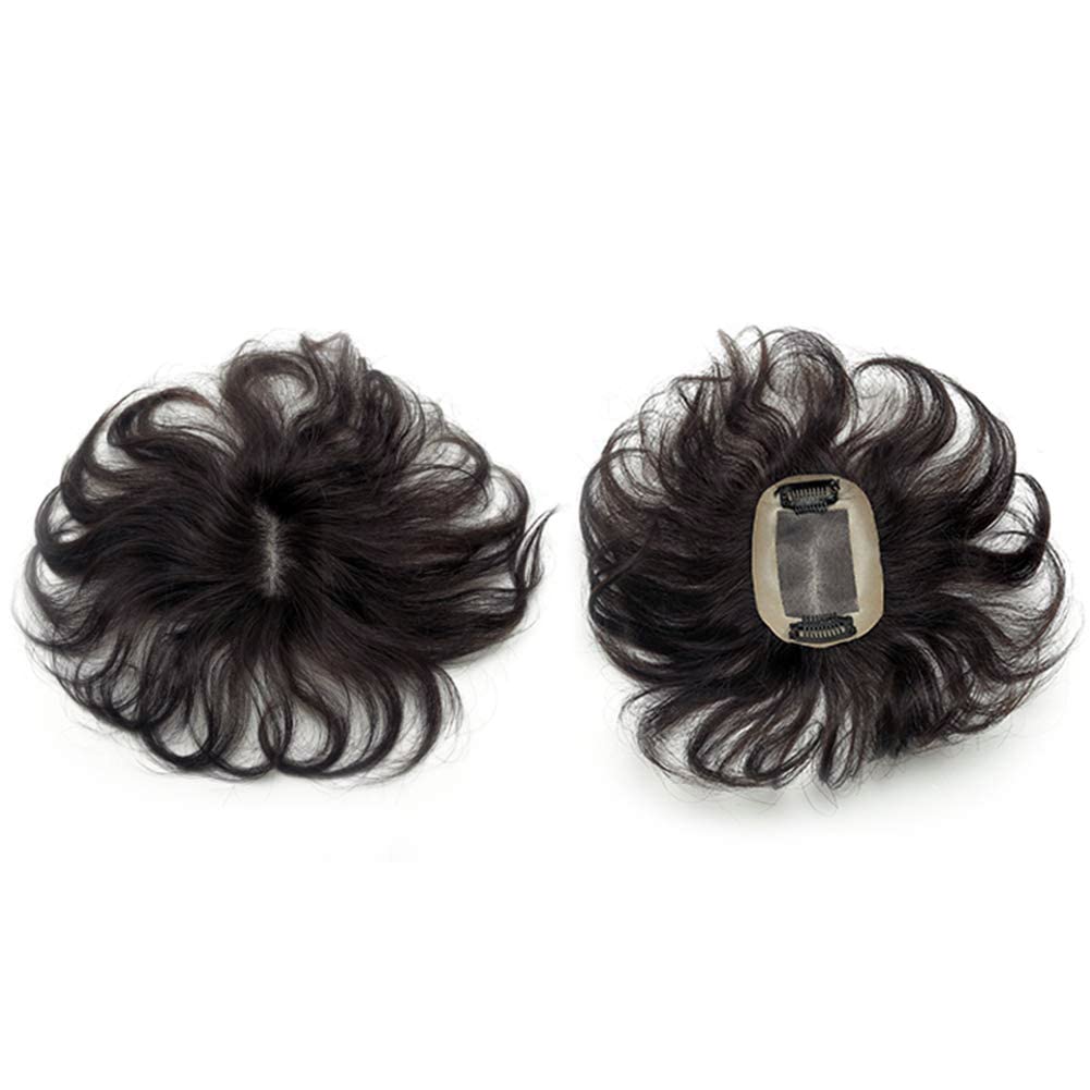 Fully Hand Woven Mono Base Human Hair Topper 7" Short Wavy Hairpiece 7x10cm Free Part Small Area Top Hair Piece Clip in Topper Hair Extensions for Women Cover Thinning Hair Natural Color