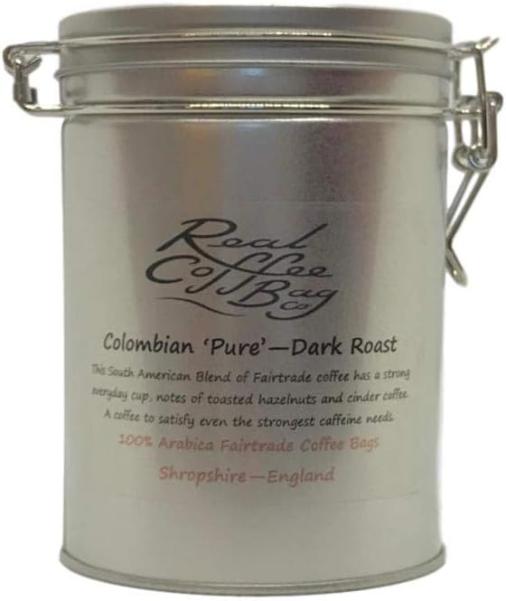 Coffee Gift Box with Storage Tin of 20 Coffee Bags of Colombian Pure Dark Roasted Arabica Fresh Ground Coffee by Real Coffee Bag Co