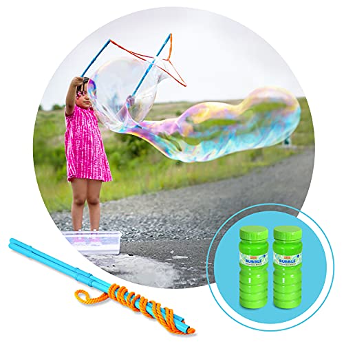 Kidzlane Bubble Wand with 24 oz of Mixed Giant Bubble Solution | Giant Bubble Wands for Kids | Outside Toy Big Bubble Maker | Bubble Toys for Outdoor Play Ages 3+