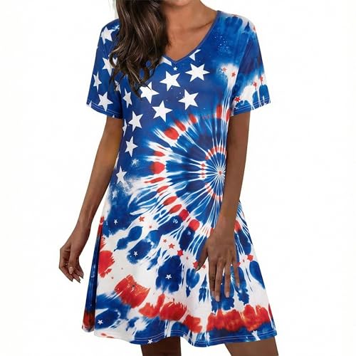Image of LUKYCILD American Flag Dress Women 4th of July Patriotic Shirt USA Stars Stripes Dresses Sexy V- Neck Summer Sundress