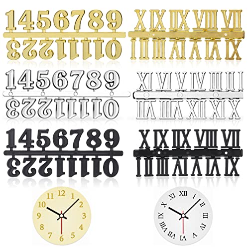 ueslwser 6 Piece DIY Clock Numerals Kit - Arabic & Roman Numbers, Black, Gold & Silver for Home Art Decoration, Digital Clock Replacement & Repair Parts