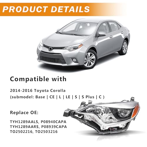 Image of Headlights Assembly Compatible with 2014 2015 2016 Toyota Corolla