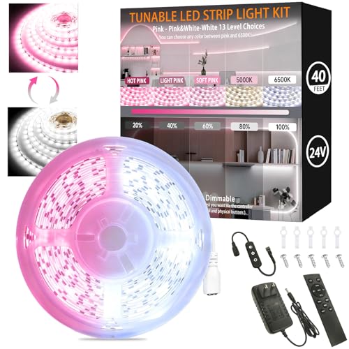 Image of Pink & White LED Strip Light Kit for Bedroom, 40 Ft LED Lights Strip, 24V Dual Tunable Rope Light with Dimming & Color Temperature Adjustment for Living Room, Mirror, Home Lighting