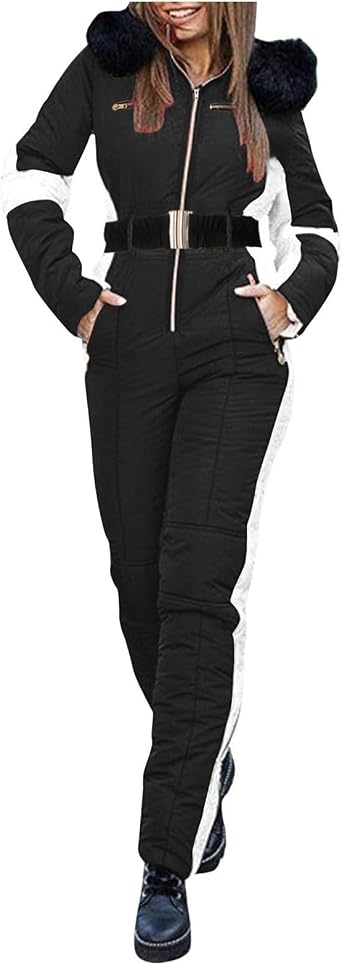 Womens One Piece Snow Suits Men Insulated Ski Outfit Windproof Waterproof Hooded with Belts Gloves Jumpsuit of Three