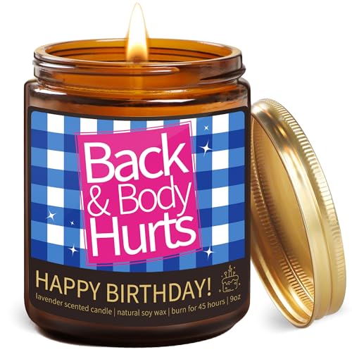 Fywelixc Funny Happy Birthday Candle Gifts for Women Men, Back & Body Hurts Birthday Candle, Unique Gag Gifts for Mom Dad Friends, Lavender Soy Wax Candle, 50 Hours Burn, Gift Box Included
