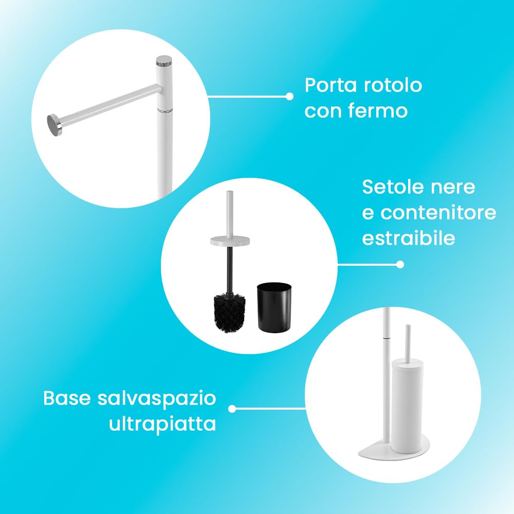 Piantana Bagno salvaspazio in acciaio, disponibili in 2 colorazioni, base ergonomica salvaspazio (Bianco, Portascopino)