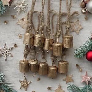   Vintage-Rustic-Lucky-Tin-Metal-Cow-Bells-Christmas-Decor-10-Cylinder-Bells-on-Jute-Rope