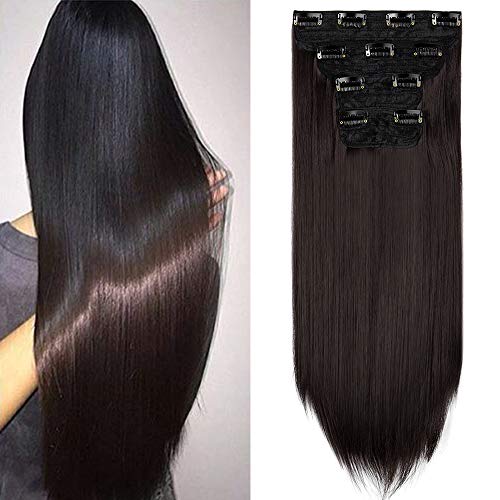 LELINTA 18" Straight Long 4 PCS Set Thick Clip in on Synthetic Hair Extensions Hairpieces for Women Dark Brown