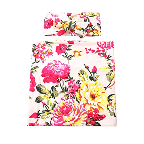 Galabloomer Newborn Swaddle Blanket With Headband Set Baby Girl Receiving Blanket Ivory Flower #TOP2