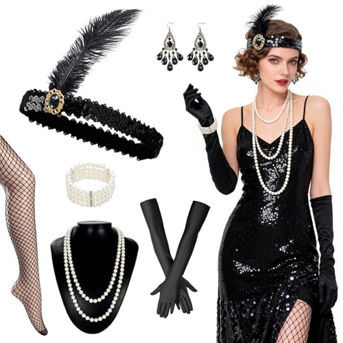 Stiedey 1920s Accessories for Women 7pcs Great Gatsby Accessories with Headband Pearl Necklace Earrings Long Black Gloves 1920s Flapper Costume Vintage Accessories for Women Ladies Party