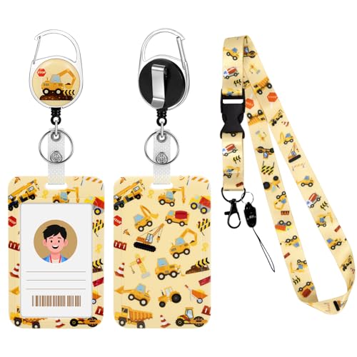 Cordon Tour de Cou avec Porte Carte, Porte Badge Enrouleur Retractable, Lanière Détachable avec Pochette Badge à Motif de Pelleteuse Cartoon pour Enfants, Adultes, Infirmières, Enseignant Étudiant