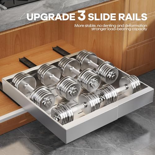 2Pack Expandable Pull Out Cabinet Organizer 21"Deep With Raising Pad for Framed Cabinets, Upgrade 3 Slide Rails Slide Out Drawers,Roll Out Shelves Adhesive,Adjustable Width 12.05"-20.4"Silver