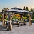 YITAHOME 10x12FT Gazebo Hard-Top Double Roof Canopy Outdoor with Netting and Shaded Curtains, Aluminum Frame Polycarbonate Hardtop Garden Tent for Patio, Backyard, Deck and Lawns, Brown