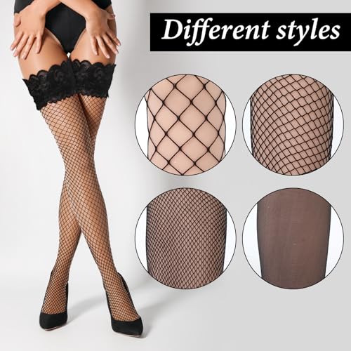 Image of Ptwola 4 Pairs Thigh High Fishnet Stockings Women Lace Thigh Knee High Fishnet Stocking Top Sheer Over Knee Silky Stockings Black Stay Up Tights Fish Net Pantyhose for Role Playing Rave Outfits