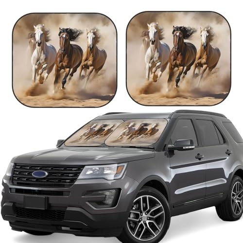 Pare-soleil voiture contre la chaleur lot de 2 fenêtres avant pliable motif chevaux