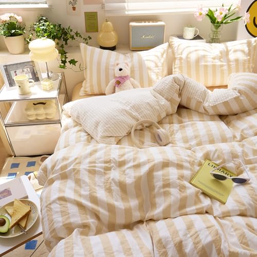 Image of EAVD Beige Striped Duvet Cover King Soft Washed Microfiber Striped Reversible Bedding Set with 2 Pillowcases Modern Farmhouse Geometric Pattern Duvet Cover with Zipper Closure